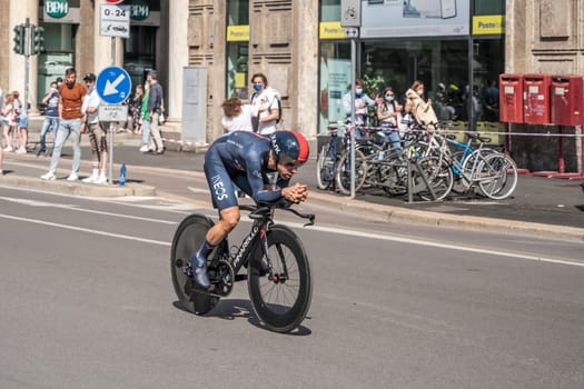 MILAN, ITALY - MAY 30: last stage of Giro 2021, Jonathan Castroviejo Nicolas competitor of Ineos Grenadiers Team at high speed during individual time trial in city streets, shot on may 30, 2021 Milan, Italy.