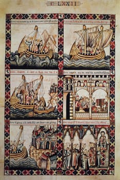 Medieval fabric merchants scene. Cantigas de Santa Maria inspired by Alfonso X of Castile, El Sabio. El Escorial Library