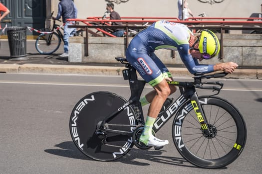 MILAN, ITALY - MAY 30: last stage of Giro 2021, Jan Hirth competitor of Intermarche-Wanty-Gobert Team at high speed during individual time trial in city streets, shot on may 30, 2021 Milan, Italy.