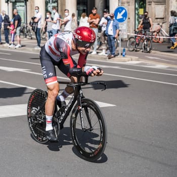 MILAN, ITALY - MAY 30: last stage of Giro 2021, Davide Formolo competitor of UAE Emirates Team at high speed during individual time trial in city streets, shot on may 30, 2021 Milan, Italy.