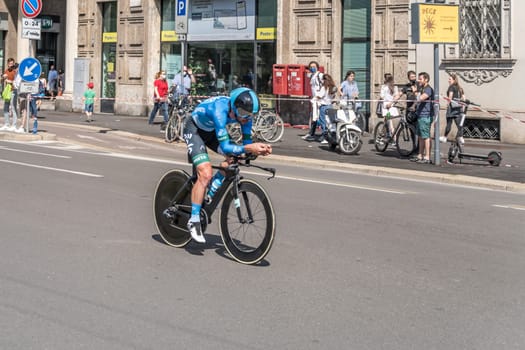 MILAN, ITALY - MAY 30: last stage of Giro 2021, Francesco Gavazzi competitor of Eolo-Kometa Team at high speed during individual time trial in city streets, shot on may 30, 2021 Milan, Italy.