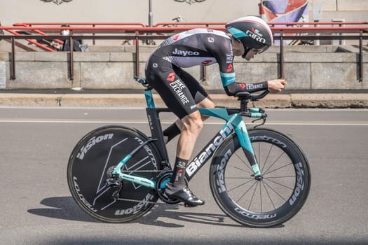 MILAN, ITALY - MAY 30: last stage of Giro 2021, Mikel Nieve Iturralde competitor of BikeExchange Team at high speed during individual time trial in city streets, shot on may 30, 2021 Milan, Italy.