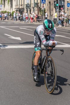 MILAN, ITALY - MAY 30: last stage of Giro 2021, Matteo Fabro competitor of Bora Team  at high speed during individual time trial in city streets , shot on may 30, 2021 Milan, Italy.