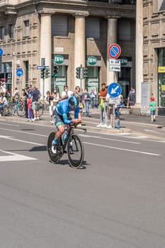MILAN, ITALY - MAY 30: last stage of Giro 2021, Francesco Gavazzi competitor  at high speed during individual time trial in city streets, shot on may 30, 2021 Milan, Italy.