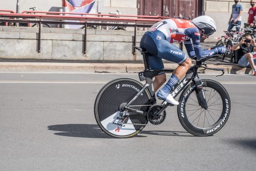 MILAN, ITALY - MAY 30: last stage of Giro 2021, Vincenzo Nibali competitor of Trek-Segafredo Team  at high speed during individual time trial in city streets, shot on may 30, 2021 Milan, Italy.