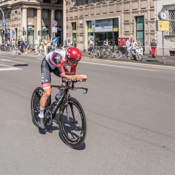 MILAN, ITALY - MAY 30: last stage of Giro 2021, Alessandro Covi competitor of UAE Emirates Team  at high speed during individual time trial in city streets, shot on may 30, 2021 Milan, Italy.
