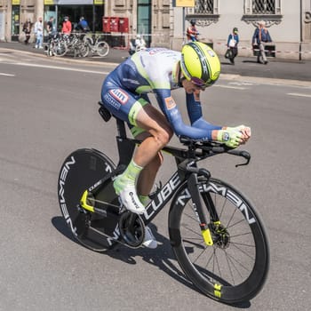 MILAN, ITALY - MAY 30: last stage of Giro 2021, Simone Petilli competitor of Intermarche-Wanty Team  at high speed during individual time trial in city streets, shot on may 30, 2021 Milan, Italy.