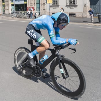 MILAN, ITALY - MAY 30: last stage of Giro 2021, Edward Ravasi competitor of Eolo-Kometa Team at high speed during individual time trial in city streets, shot on may 30, 2021 Milan, Italy.