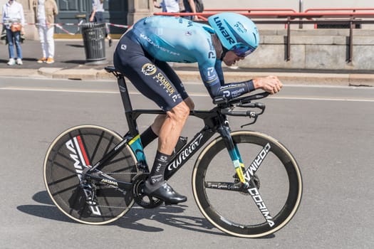 MILAN, ITALY - MAY 30: last stage of Giro 2021, Luis Leon Sanchez competitor of Astana Team   at high speed during individual time trial in city streets, shot on may 30, 2021 Milan, Italy.