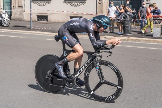 MILAN, ITALY - MAY 30: last stage of Giro 2021, Christopher Hamilton competitor DSM Team  at high speed during individual time trial in city streets, shot on may 30, 2021 Milan, Italy.