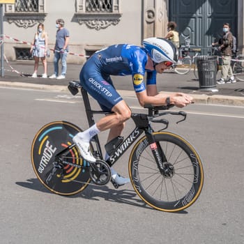 MILAN, ITALY - MAY 30: last stage of Giro 2021, Pieter Serry competitor of Deceuninck-Quick-Step Team  at high speed during individual time trial in city streets, shot on may 30, 2021 Milan, Italy.