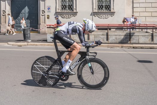 MILAN, ITALY - MAY 30: last stage of Giro 2021, Killian Frankiny competitor of Qhubeka-Assos Team  at high speed during individual time trial in city streets, shot on may 30, 2021 Milan, Italy.