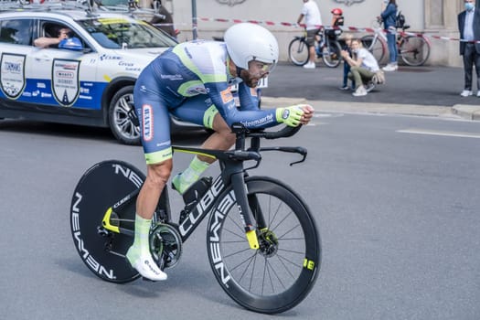 MILAN, ITALY - MAY 30: last stage of Giro 2021, Andrea Pasqualon competitor of Intermarche - Wanty Team   at high speed during individual time trial in city streets, shot on may 30, 2021 Milan, Italy.