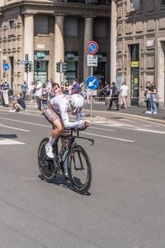 MILAN, ITALY - MAY 30: last stage of Giro 2021, Tony Gallopin competitor of AG2R Citroen Team  at high speed during individual time trial in city streets, shot on may 30, 2021 Milan, Italy.