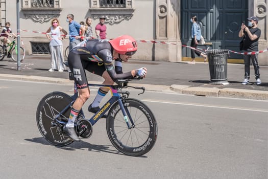 MILAN, ITALY - MAY 30: last stage of Giro 2021, Simon Carr competitor of EF Education - Nippo Team   at high speed during individual time trial in city streets, shot on may 30, 2021 Milan, Italy.