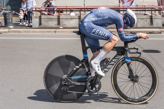 MILAN, ITALY - MAY 30: last stage of Giro 2021, Jimmy Janssens competitor of Alpecin-Fenix Team   at high speed during individual time trial in city streets, shot on may 30, 2021 Milan, Italy.
