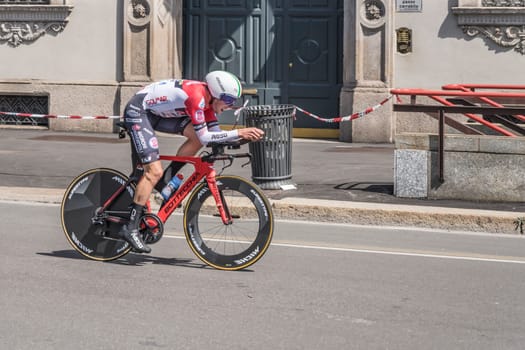 MILAN, ITALY - MAY 30: last stage of Giro 2021, Simone Ravanelli competitor of Androni-Sidermec  Team   at high speed during individual time trial in city streets, shot on may 30, 2021 Milan, Italy.