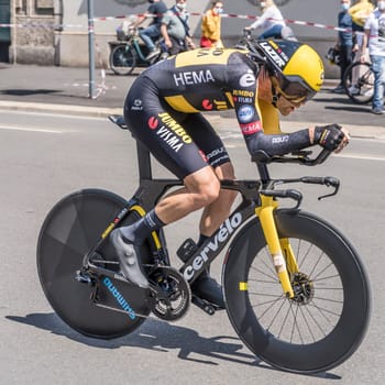 MILAN, ITALY - MAY 30: last stage of Giro 2021, Paul Martens competitor of Jumbo-Visma Team  at high speed during individual time trial in city streets, shot on may 30, 2021 Milan, Italy.
