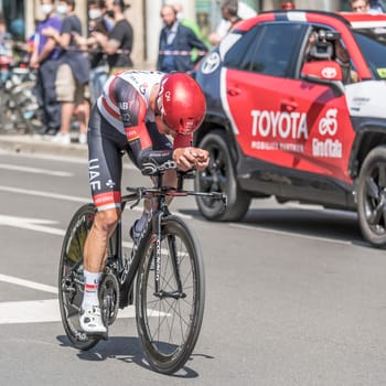 MILAN, ITALY - MAY 30: last stage of Giro 2021, Valerio Conti competitor of UAE Emirates Team at high speed during individual time trial in city streets, shot on may 30, 2021 Milan, Italy.