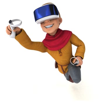 Fun 3D Illustration of a medieval man with a VR Helmet