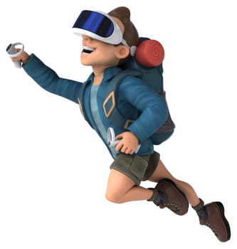 Fun 3D Illustration of a backpacker with a VR Helmet