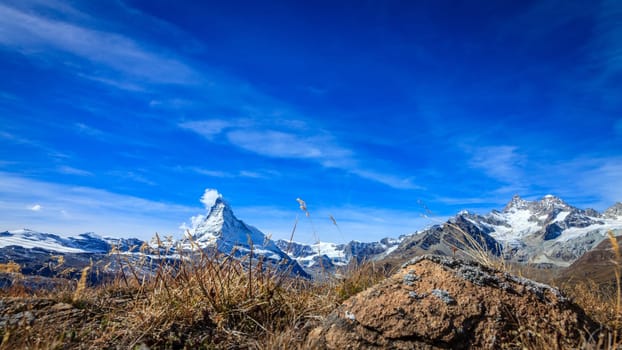 Ground level view of famous alpine peak Matterhorn near Swiss resort town of Zermatt