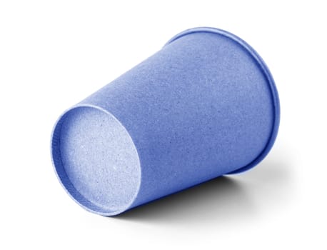 The close up blue empty paper coffee cup on white background