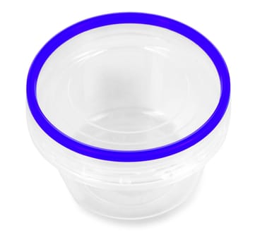 The Transparent plastic food container with blue cap. Catering food packaging.
