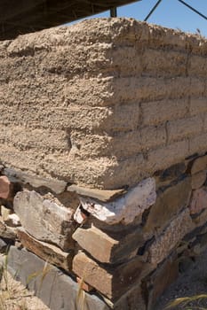 Campanario, Spain - May 17th 2018: La Mata archeological site. Impressive protohistoric building placed in Campanario, Extremadura, Spain. Adobe and slate masonry corner