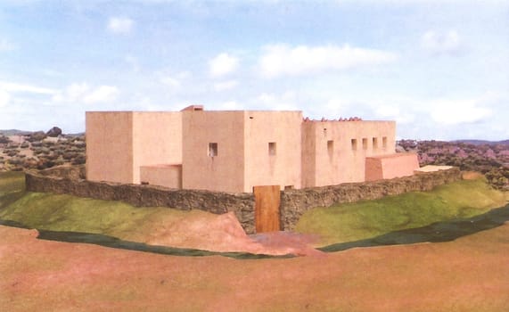 Campanario, Spain - May 17th 2018: La Mata archeological site. Hypothetical depiction of protohistoric building. Elevation view. Campanario, Extremadura, Spain