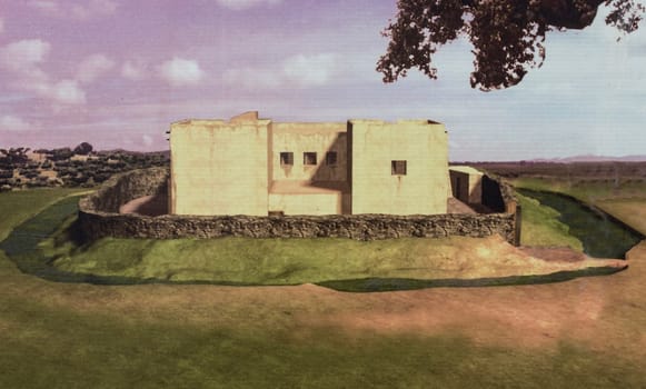 Campanario, Spain - May 17th 2018: La Mata archeological site. Hypothetical depiction of protohistoric building. Elevation view. Campanario, Extremadura, Spain