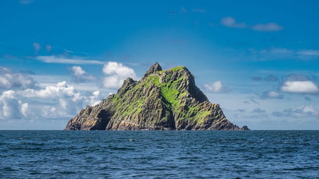Beautiful rock of Skellig Michael island with monks hermitage on the top, where Star Wars were filmed, UNESCO World Heritage, Ring of Kerry, Ireland
