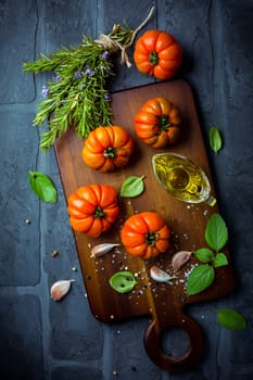 Italian cuisine - Olive oil, tomato and herbs on rustic cutting board