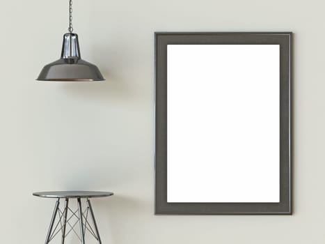 Black picture frame with lamp and empty side table mock up poster 3D render illustration