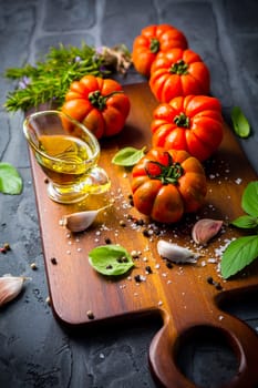 Italian cuisine - Olive oil, tomato and herbs on rustic cutting board