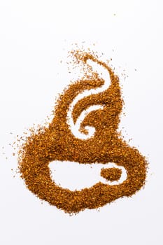 Rooibos tea in shape of tea cup on white background with copy space for your text