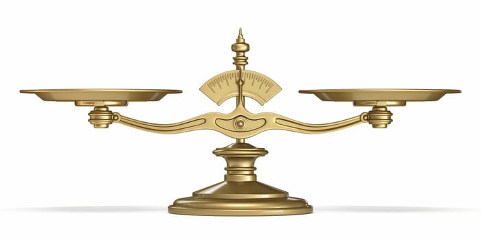 Golden scales 3D render illustration isolated on white background