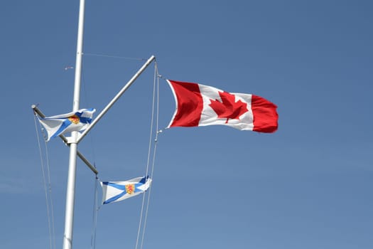 Canadian maple leaf flag blowing in the wind against a blue sky