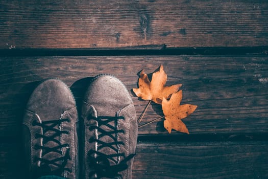 Autumn background of woman shoes over wooden background with autumn leaves.