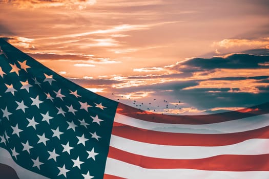 Celebrating Independence Day. United States of America USA flag over sunset sky, background for 4th of July