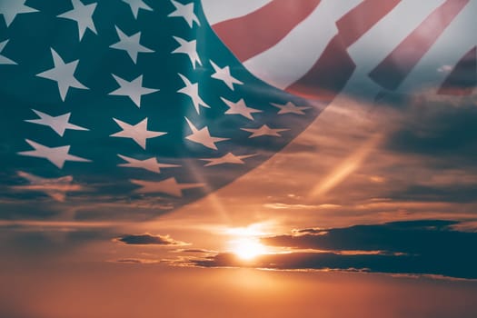 Celebrating Independence Day. United States of America USA flag over sunset sky, background for 4th of July