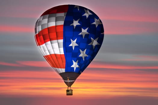 Celebrating Independence Day. Hot air balloon with USA flag over sunset sky, background for 4th of July