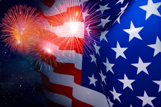 Celebrating Independence Day. United States of America USA flag with fireworks background for 4th of July
