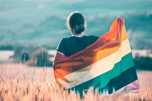 Woman holding a Gay Rainbow Flag over blue summer sky. Bisexual,gay, lesbian, transsexual symbol. Happiness, freedom and love concept for same sex couples