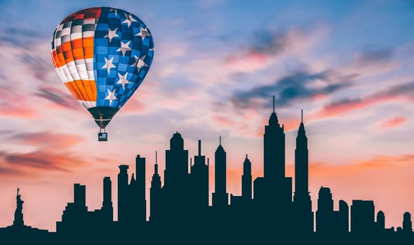 Celebrating Independence Day. Hot air balloon with USA flag over the city, background for 4th of July