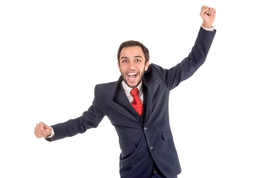 Happy and successful businessman isolated in white