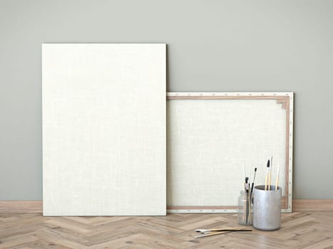 Mock up blank art canvas on wooden floor 3D render illustration