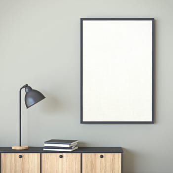 Mock up blank picture frame with black lamp and books 3D render illustration