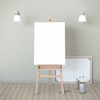 Mock up blank picture frame on wooden easel 3D render illustration