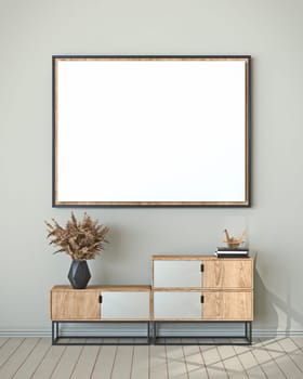Mock up blank picture frame with wooden stands and origami crane 3D render illustration